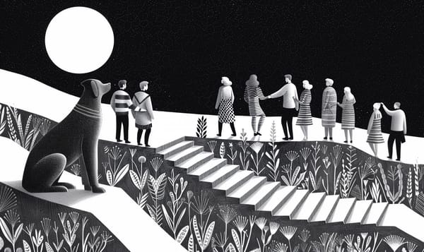 Black and white illustration by Philipp Kanape, showing people standing together and enjoying the moonrise.